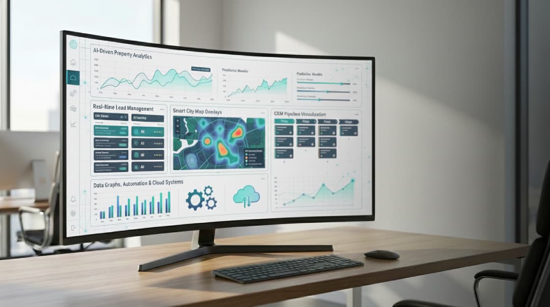 AI-powered PropTech dashboard showing real estate analytics, smart city insights, CRM pipelines, and automated property management use cases